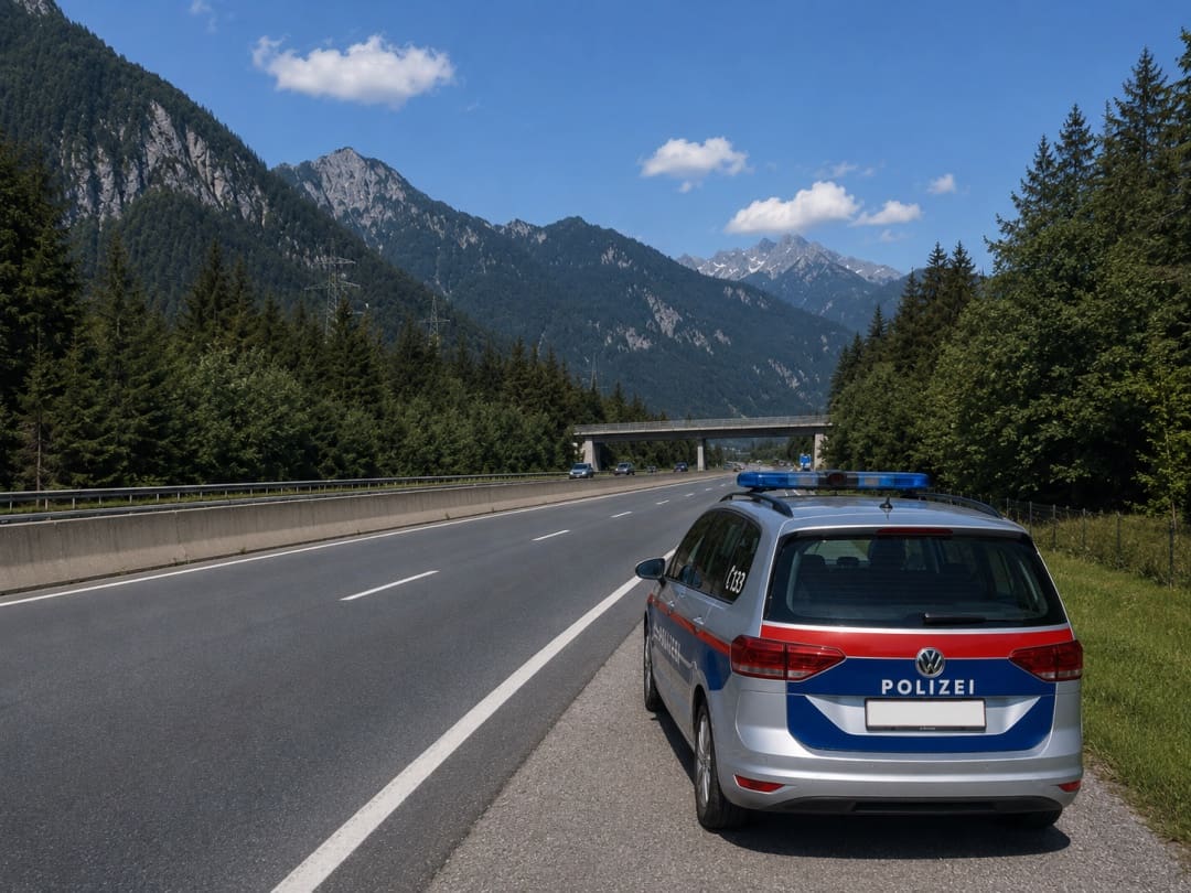 Polizeifahrzeug steht am Rand einer Autobahn vor einer Bergkulisse unter blauem Himmel