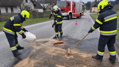 Feuerwehrleute binden eine Ölspur auf der Straße mit Granulat und Besen