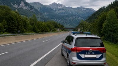 Silberner Polizeiwagen mit Blaulicht am Rand einer Autobahn in den Bergen