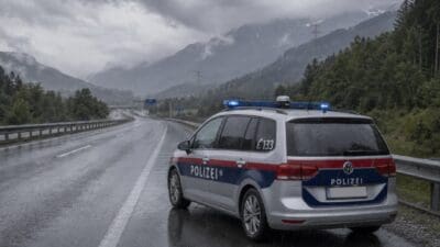 Polizeifahrzeug mit Blaulicht auf regennasser Autobahn vor Berglandschaft