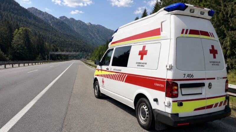Weiß-roter Rettungswagen des Österreichischen Roten Kreuzes auf einer Autobahn mit Bergen im Hintergrund