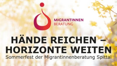 Logo der Migrantinnenberatung mit dem Motto Hände reichen Horizonte weiten für Sommerfest Spittal