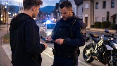 Polizist in Uniform prüft Dokumente eines jungen Mannes neben Motorrad auf Straße