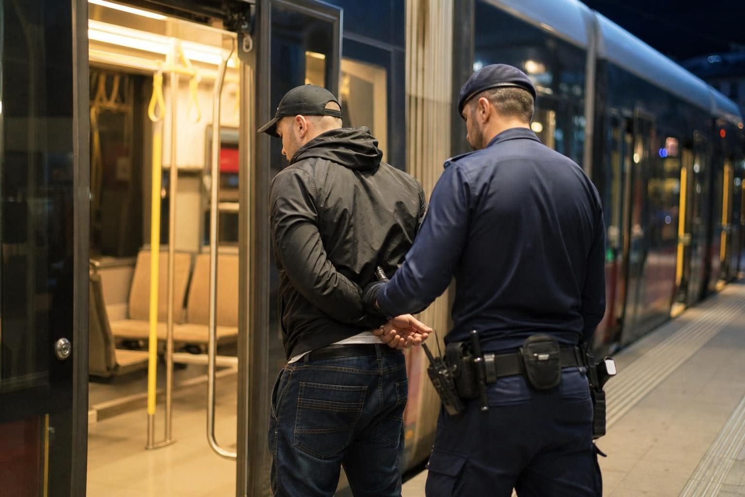 Polizist hält einen Mann mit Handschellen an einer Tram-Haltestelle fest