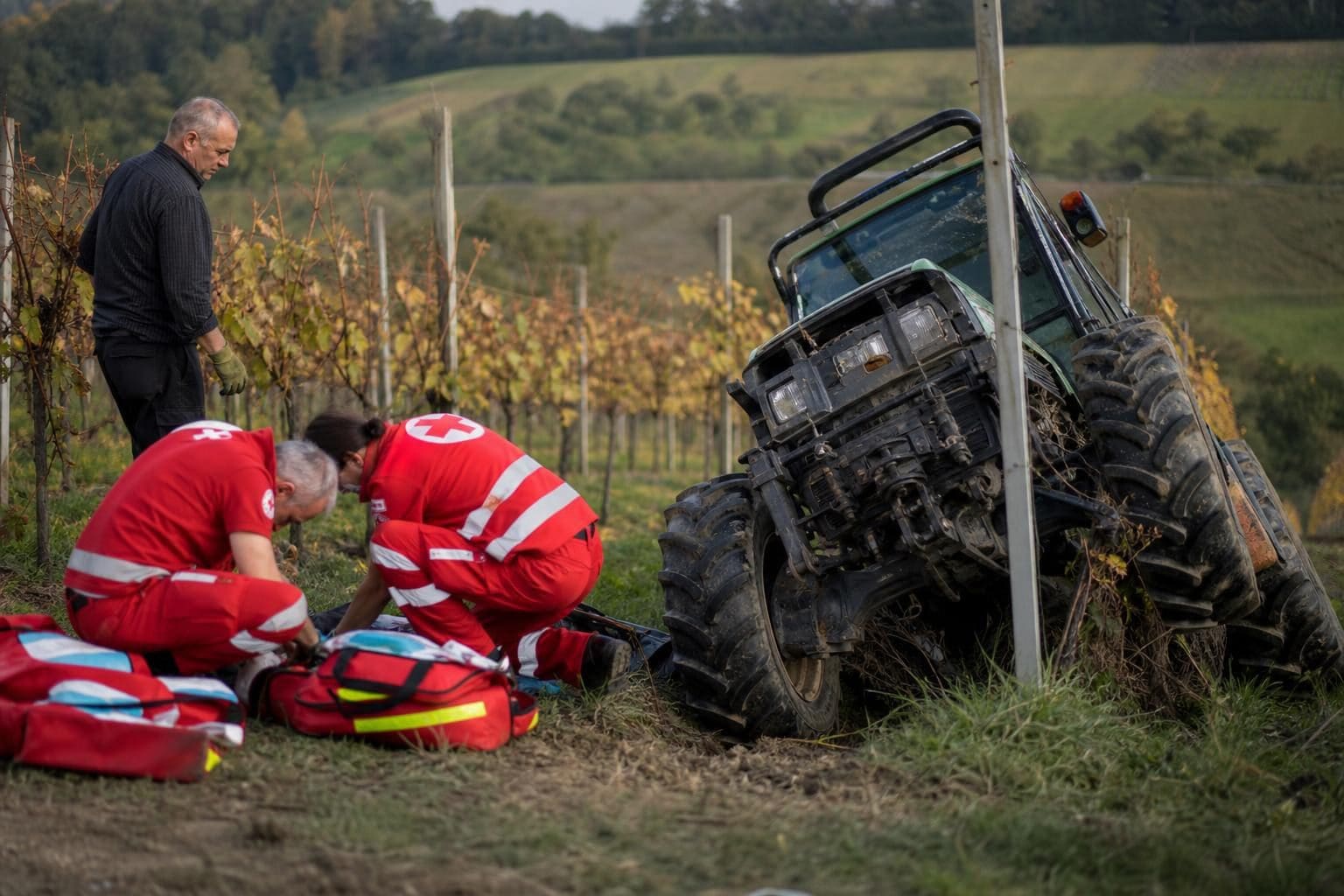 Sanitäter in roten Uniformen versorgen Verletzten neben umgestürztem Traktor im Weinberg