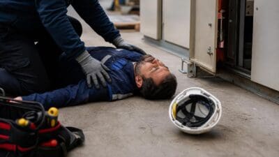 Verletzter Arbeiter liegt auf dem Boden, Kollege leistet Erste Hilfe neben offenem Schaltschrank und Schutzhelm