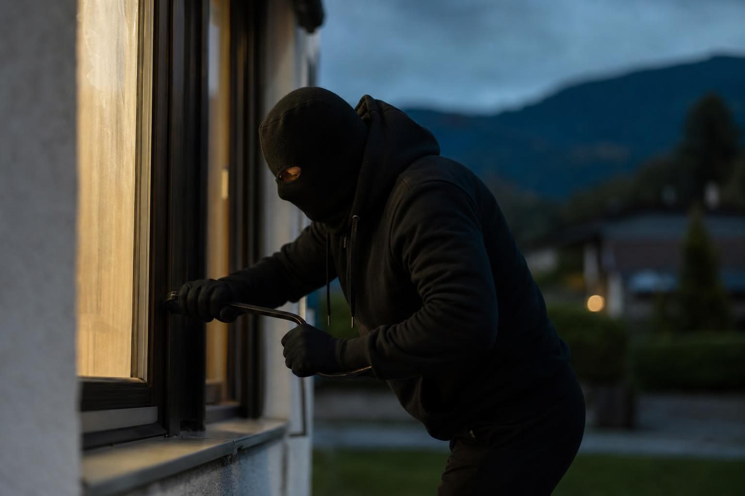 Vermummter Einbrecher hebelt mit einem Werkzeug ein Fenster auf