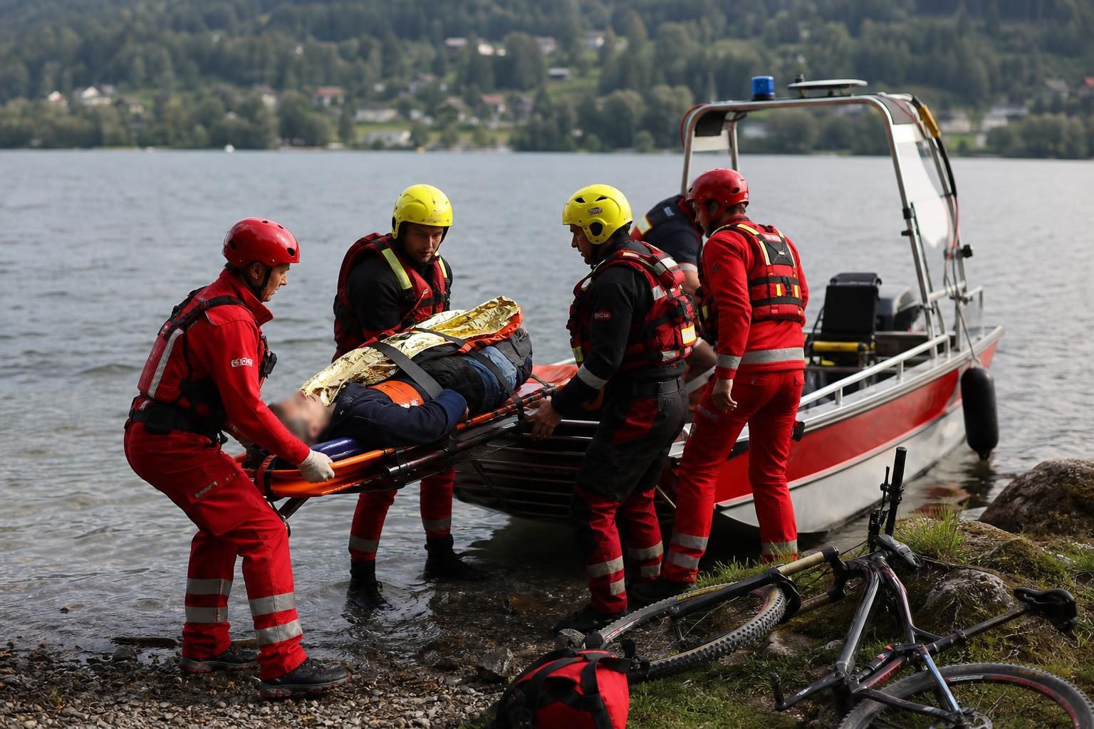 Rettungskräfte in roten Uniformen bergen verletzten Mountainbiker mit Trage vom Boot am Seeufer