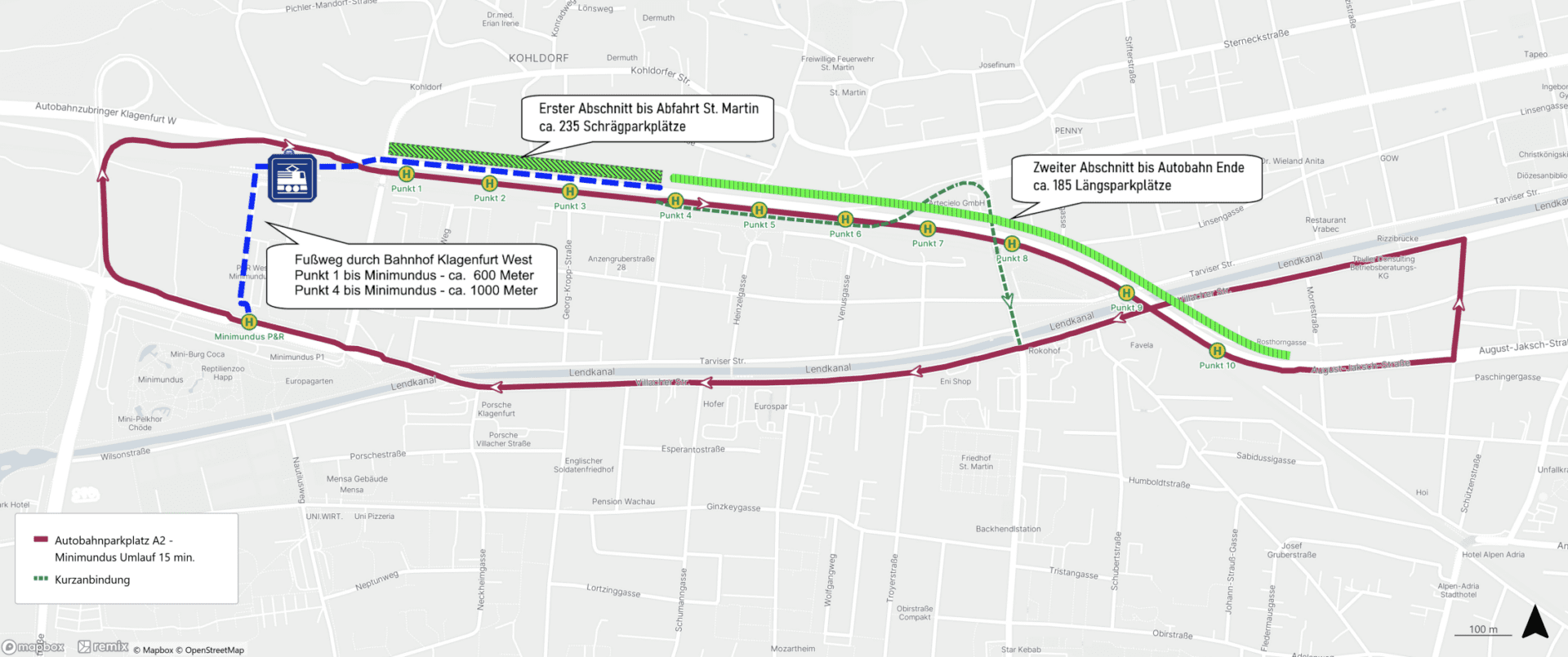 Karte mit Parkplätzen und Buslinien entlang der A2 bei Klagenfurt und Minimundus