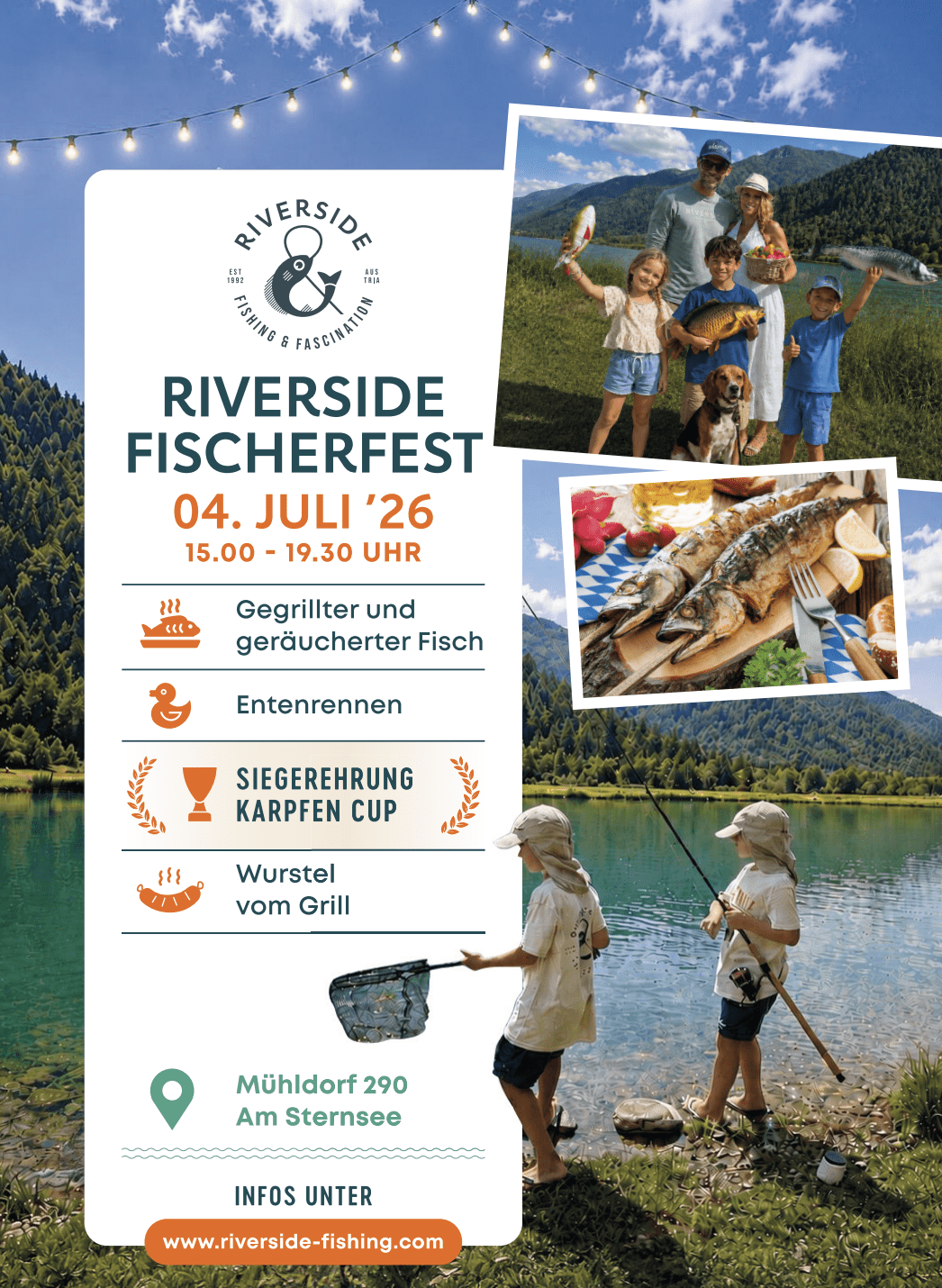 Werbeplakat Riverside Fischerfest mit Familienfoto gegrilltem Fisch und Kindern am See