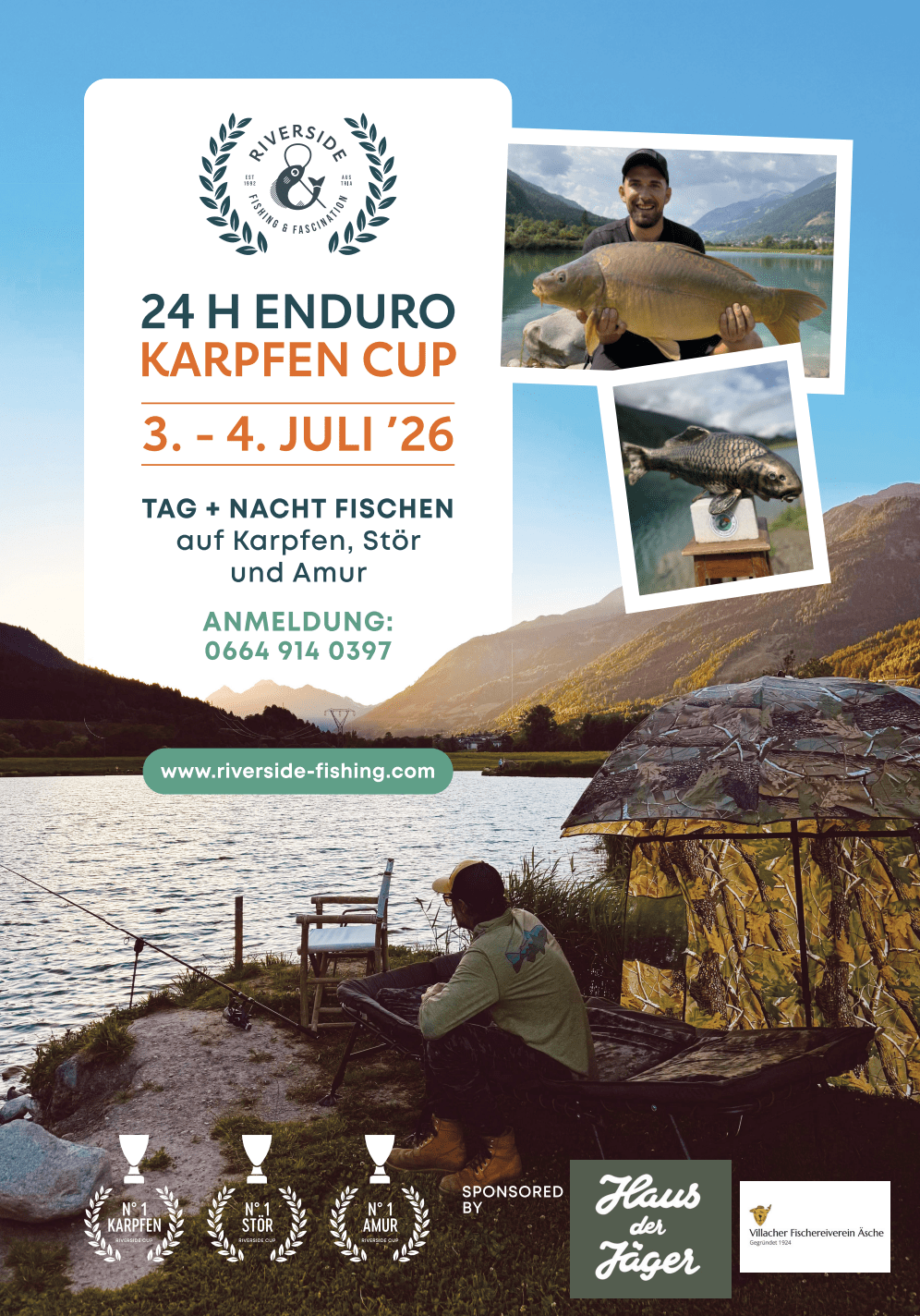 Werbeplakat für den 24-Stunden-Enduro-Karpfen-Cup mit Angler am See und Bergen