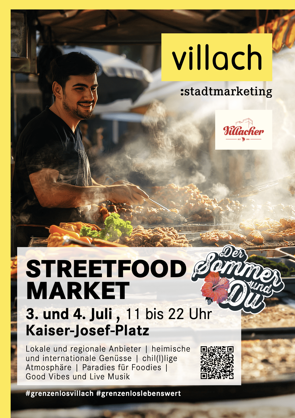 Ein junger Mann mit Schürze grillt Fleisch und Gemüse auf einem Marktstand mit viel Dampf.