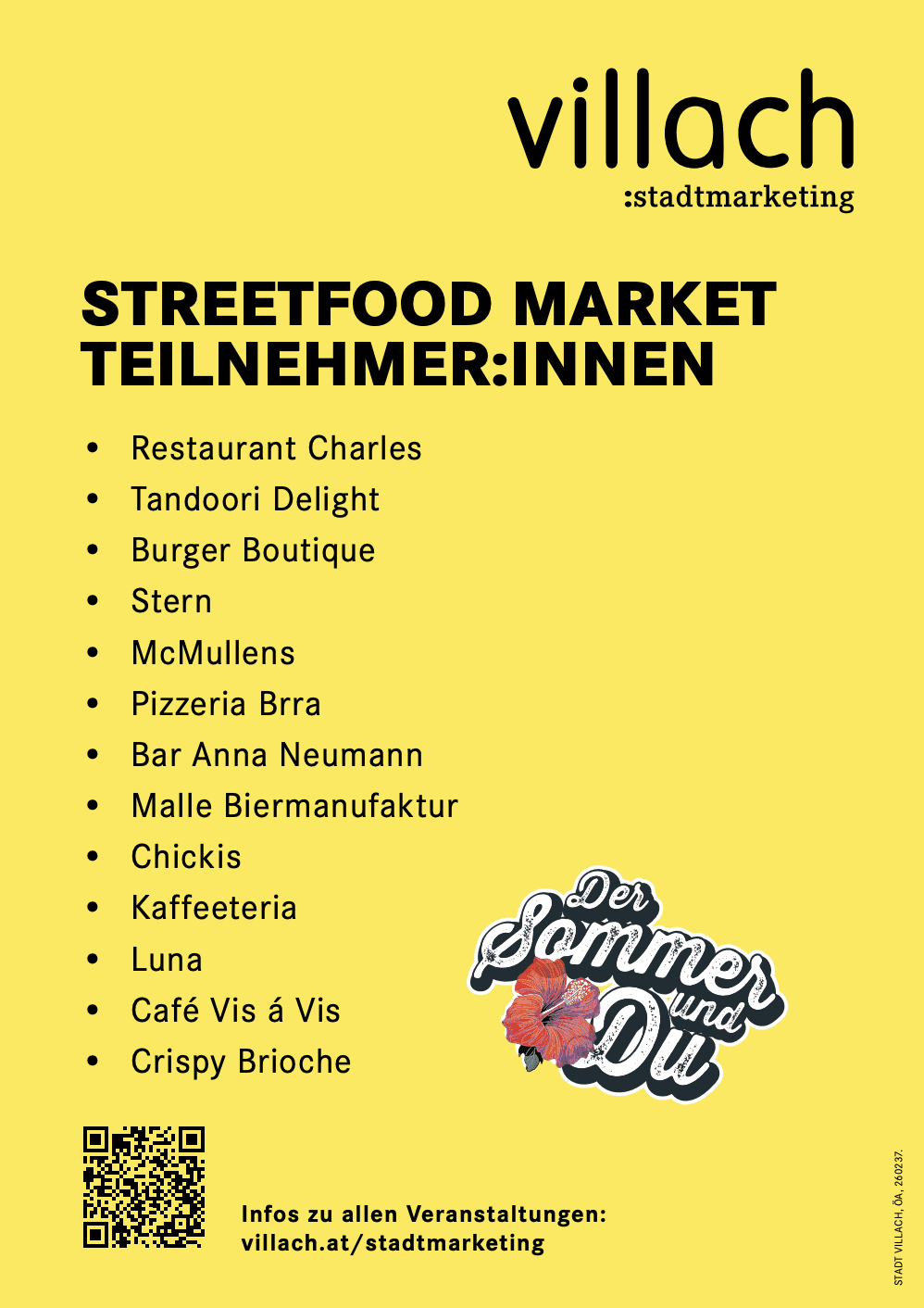 Gelbes Plakat mit Logo von Villach Stadtmarketing und Liste der Streetfood-Markt-Teilnehmer