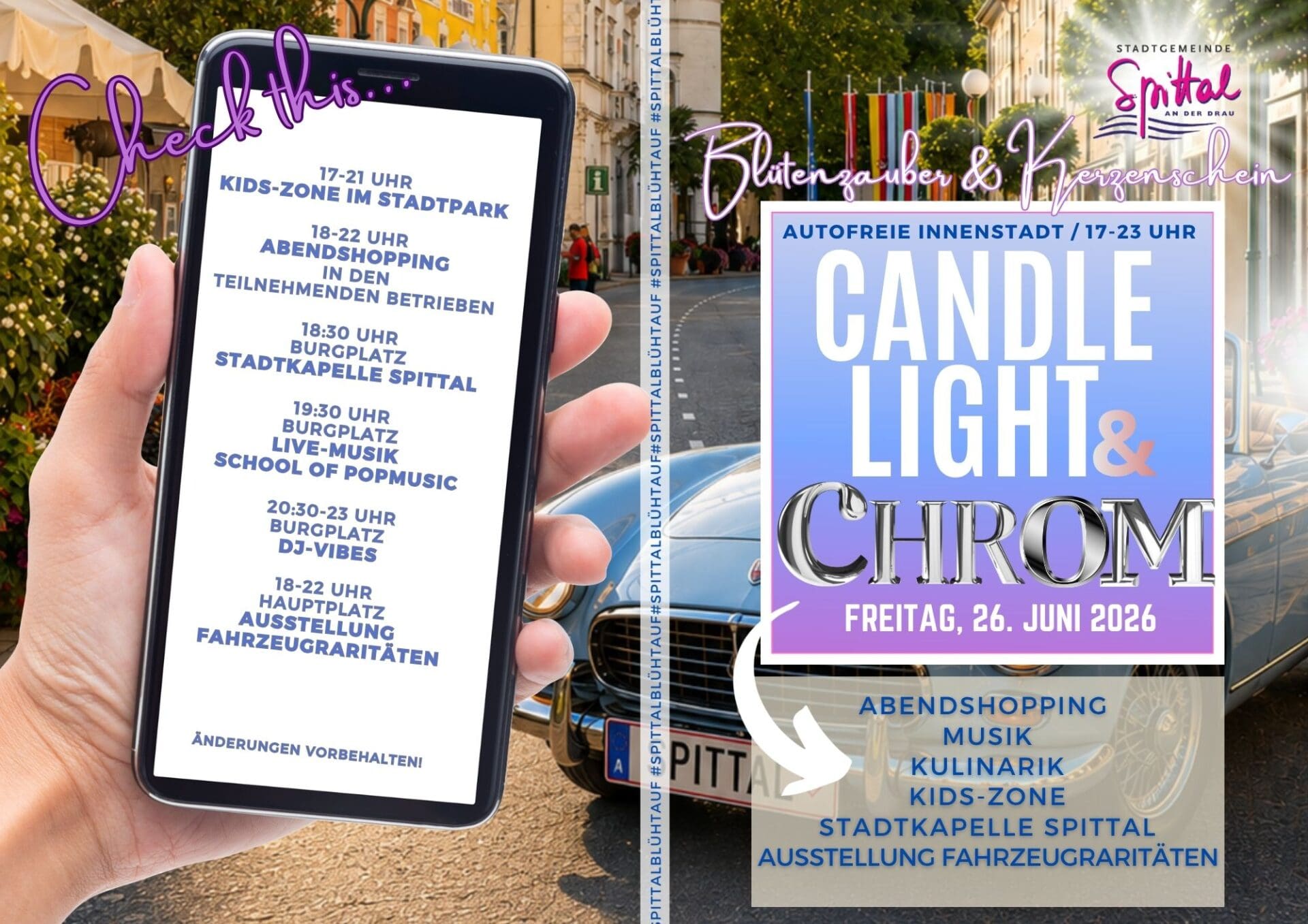 Hand hält Smartphone mit Veranstaltungsprogramm von Candlelight und Chrom 2026 vor Straßenszene