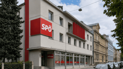 Mehrstöckiges Gebäude mit großem rotem SPÖ-Logo an der Fassade in Graz
