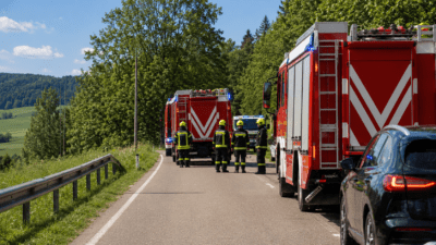 Rote Feuerwehrfahrzeuge und Einsatzkräfte auf einer Landstraße