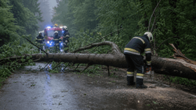 Feuerwehrmänner sägen mit Kettensäge umgestürzten Baum von nasser Fahrbahn