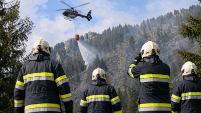 Drei Feuerwehrleute in Schutzkleidung beobachten Polizeihubschrauber beim Wasserabwurf über Waldbrandgebiet