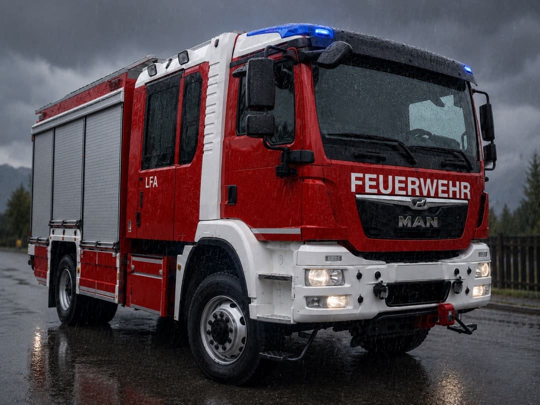 Rotes und weißes Feuerwehrfahrzeug der Marke MAN auf nasser Straße im Regen