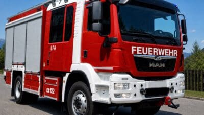 Rotes und weißes Feuerwehrfahrzeug der Marke MAN mit blauen Signalleuchten auf einer Straße