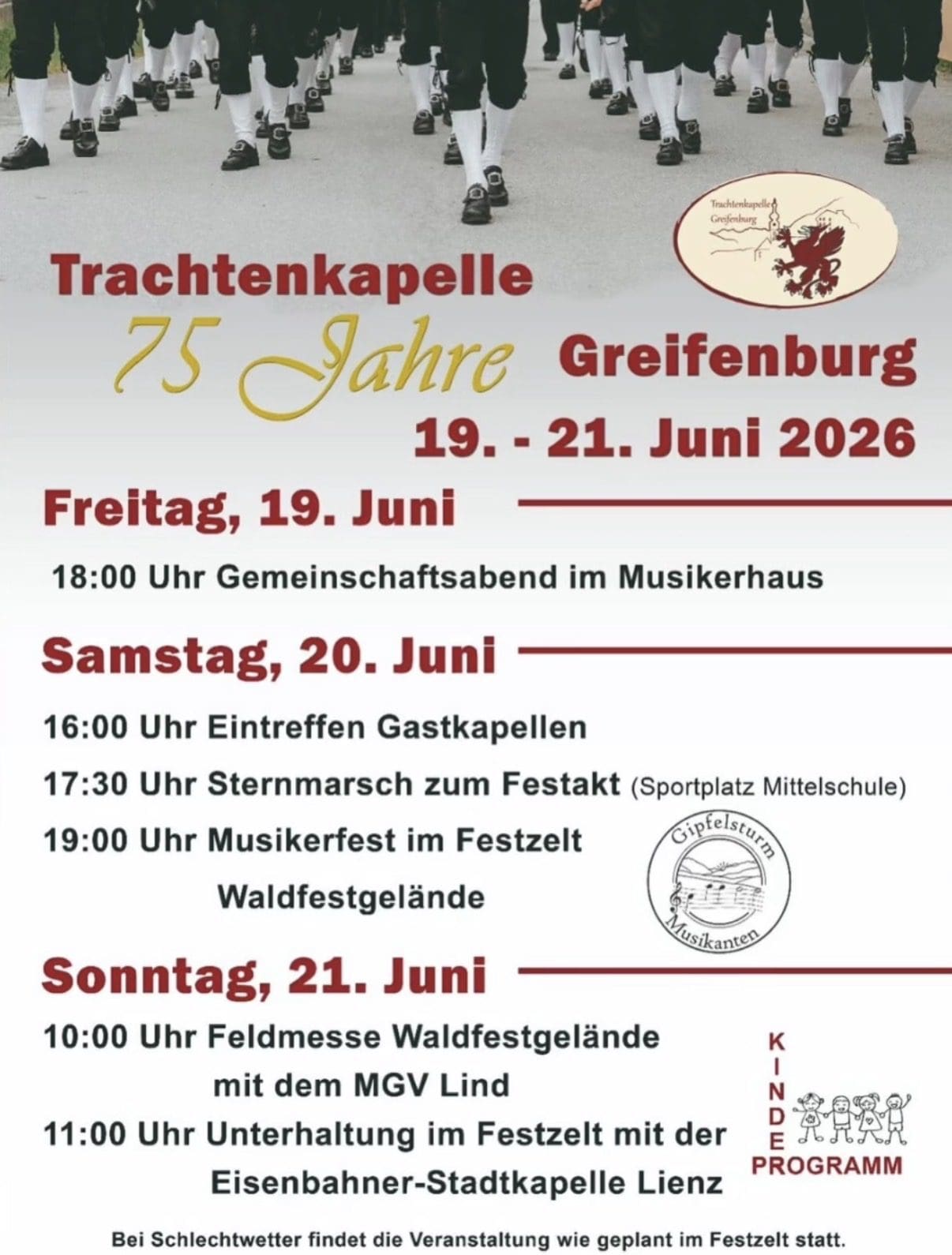 Plakat zum 75-jährigen Jubiläum der Trachtenkapelle Greifenburg mit Veranstaltungsprogramm