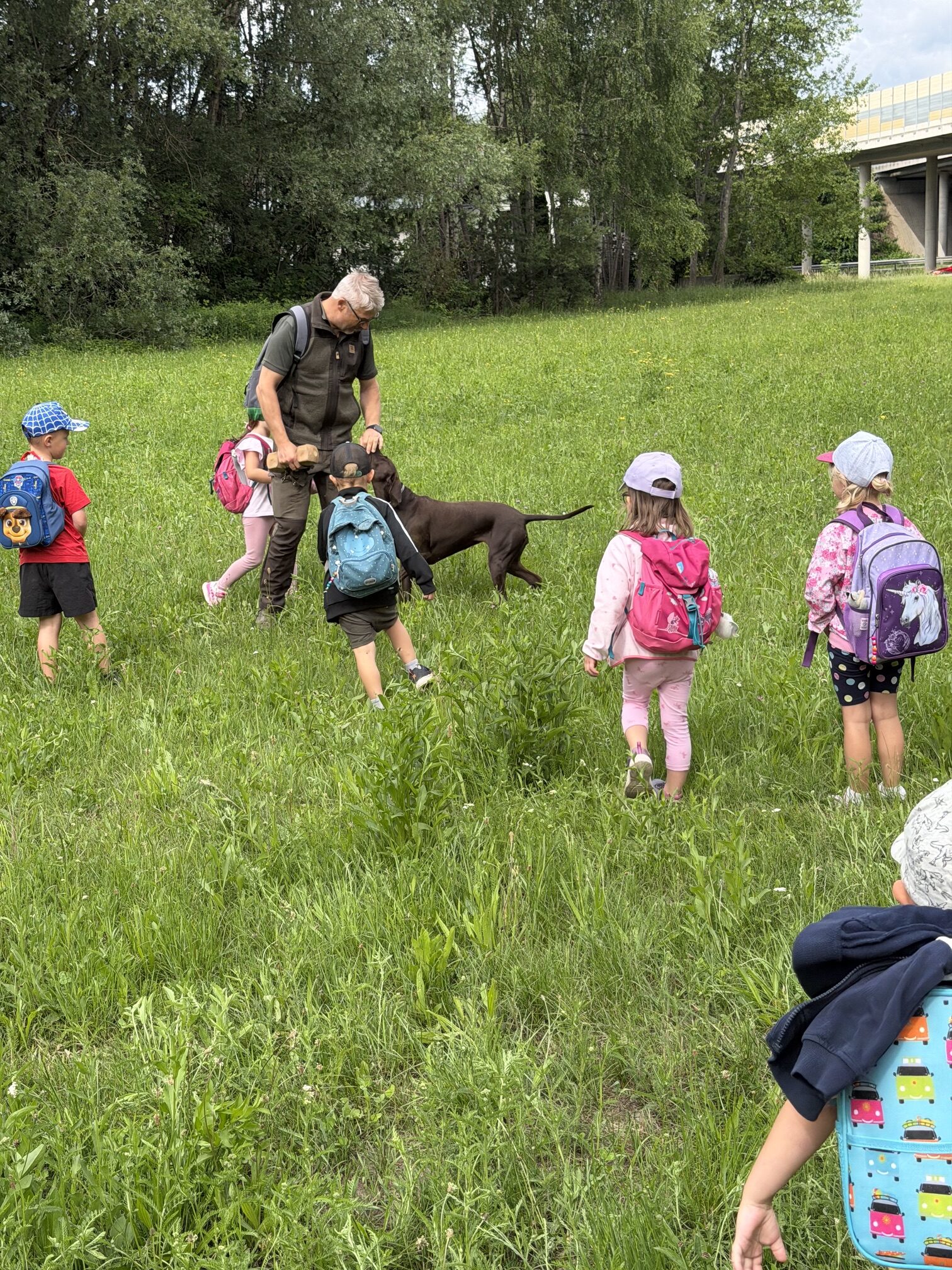 Kinder mit Rucksäcken liegen und stehen auf einer grünen Wiese neben einem Mann und einem Hund.