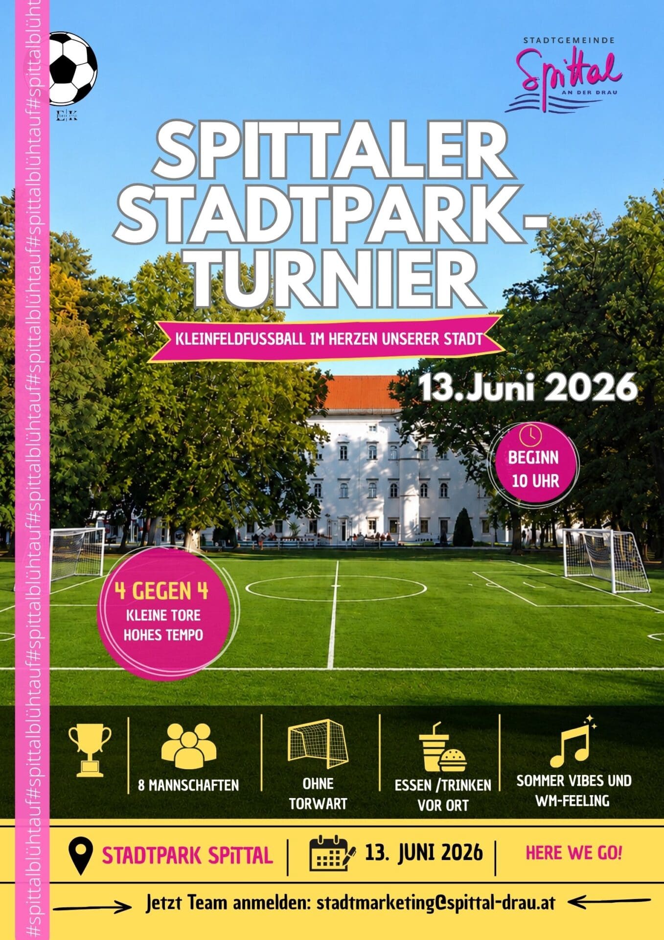 Buntes Plakat für das Kleinfeldturnier mit grünem Fußballfeld und weißem Gebäude