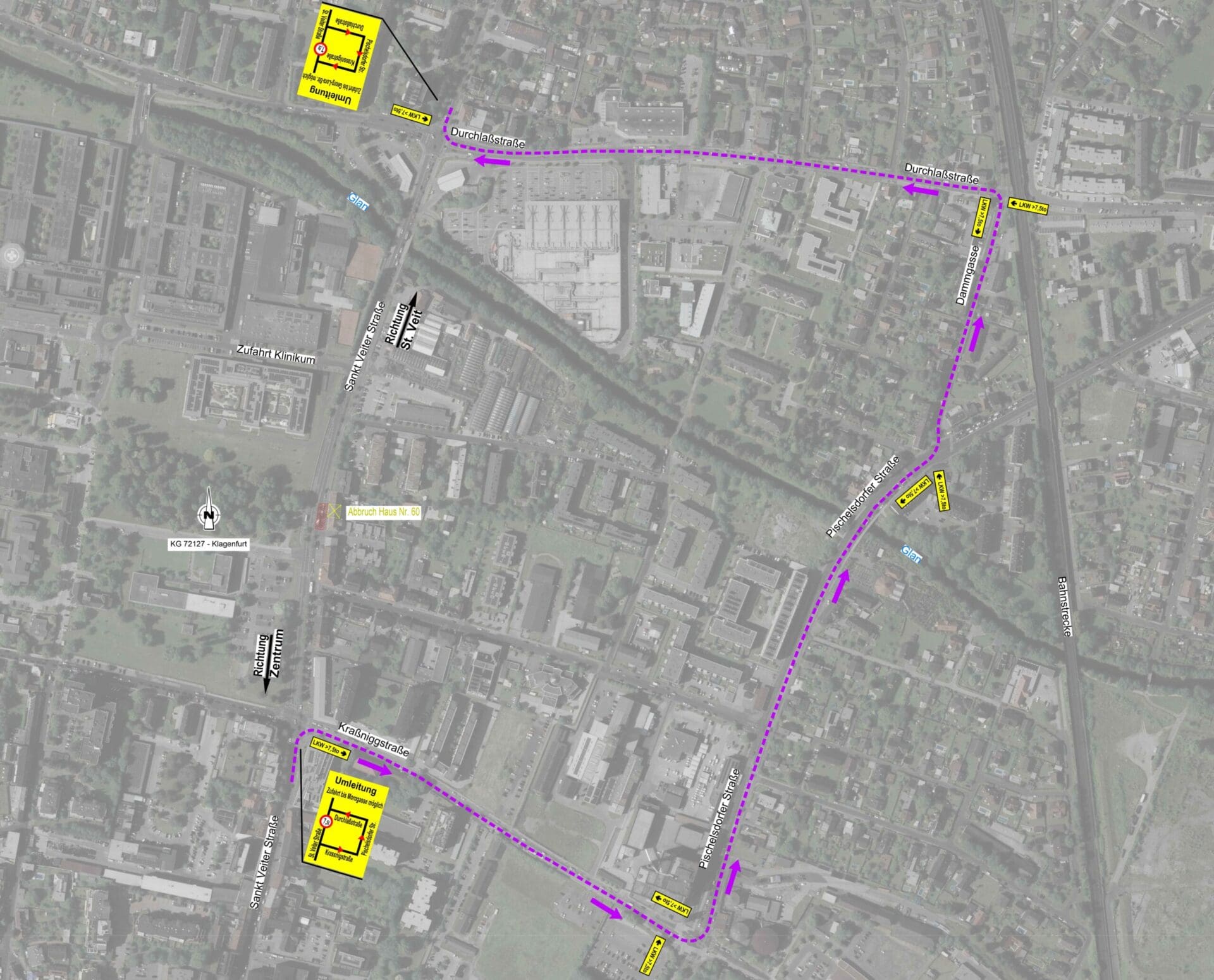 Luftbildkarte mit violetter Umleitungslinie für LKW um die Baustelle St. Veiter Straße
