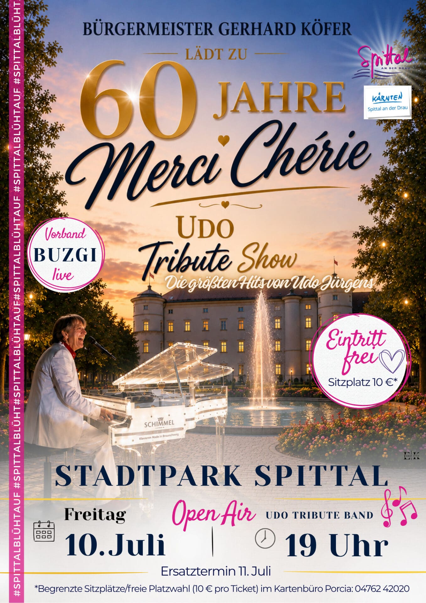 Werbeplakat der Udo Tribute Show mit Pianisten vor Schloss und Fontäne im Abendlicht