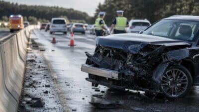 Schwer beschädigtes schwarzes Auto nach Unfall auf der Autobahn mit Polizisten und Verkehrskegeln