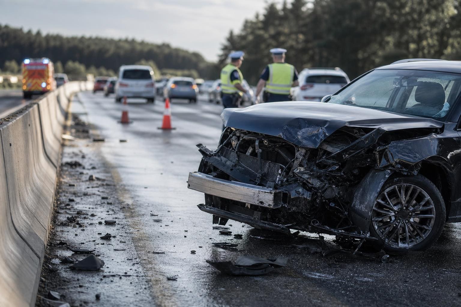 Schwer beschädigtes schwarzes Auto nach Unfall auf der Autobahn mit Polizisten und Verkehrskegeln