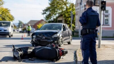 Polizist steht vor einem verunfallten Auto und einem umgestürzten Moped an einer Kreuzung