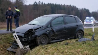 Beschädigter schwarzer Kleinwagen auf Wiese nach Unfall mit Polizisten daneben