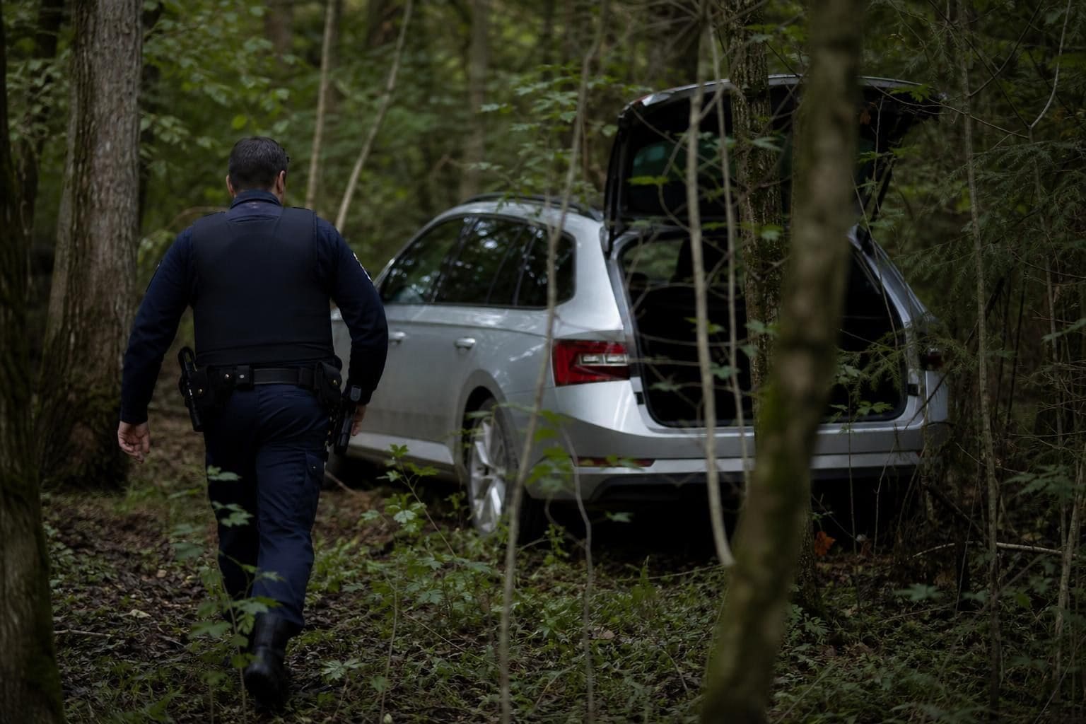 Polizist in Uniform geht auf silbernen Kombi mit offenem Kofferraum im Wald zu