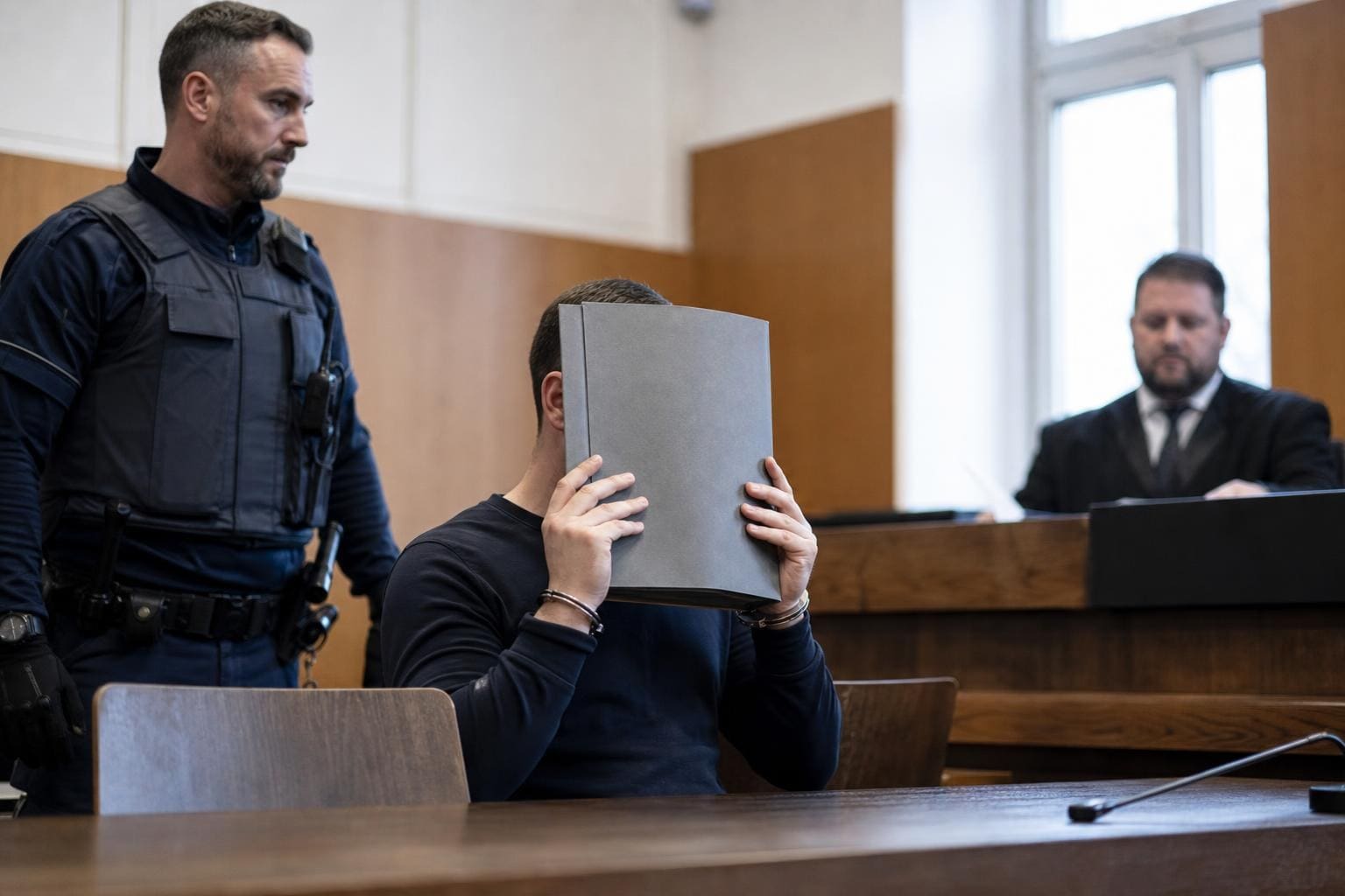 Ein Mann verdeckt sein Gesicht mit einem grauen Ordner in einem Gerichtssaal, neben ihm steht ein Polizist.