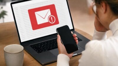 Frau mit Brille hält Smartphone vor Laptop mit roter E-Mail-Warnung auf dem Bildschirm