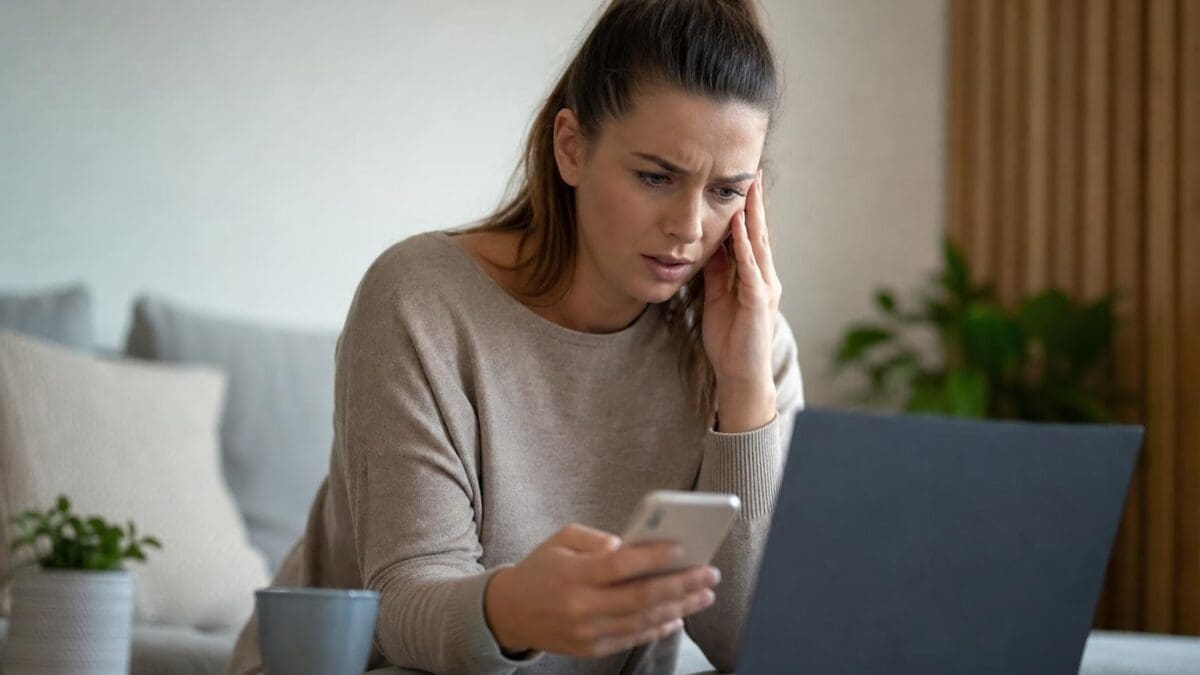 Besorgte Frau mit hochgebundenem Haar sitzt am Tisch vor Laptop und hält Smartphone in der Hand
