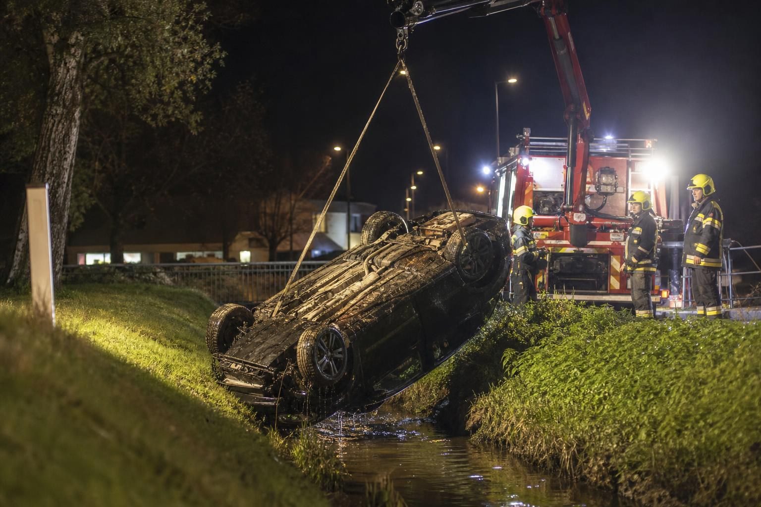 Feuerwehrleute bergen ein umgedrehtes Auto mit einem Kran aus einem Wassergraben bei Nacht