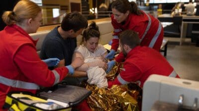Rettungskräfte betreuen Mutter und Neugeborenes in einer McDonald's-Filiale in Wien