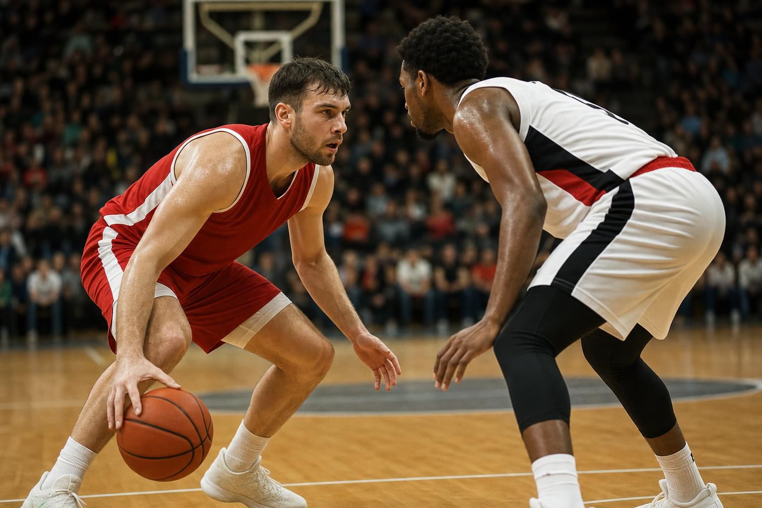 Basketballspieler in rotem Trikot mit Ball und Gegner in weißem Trikot in Abwehrhaltung