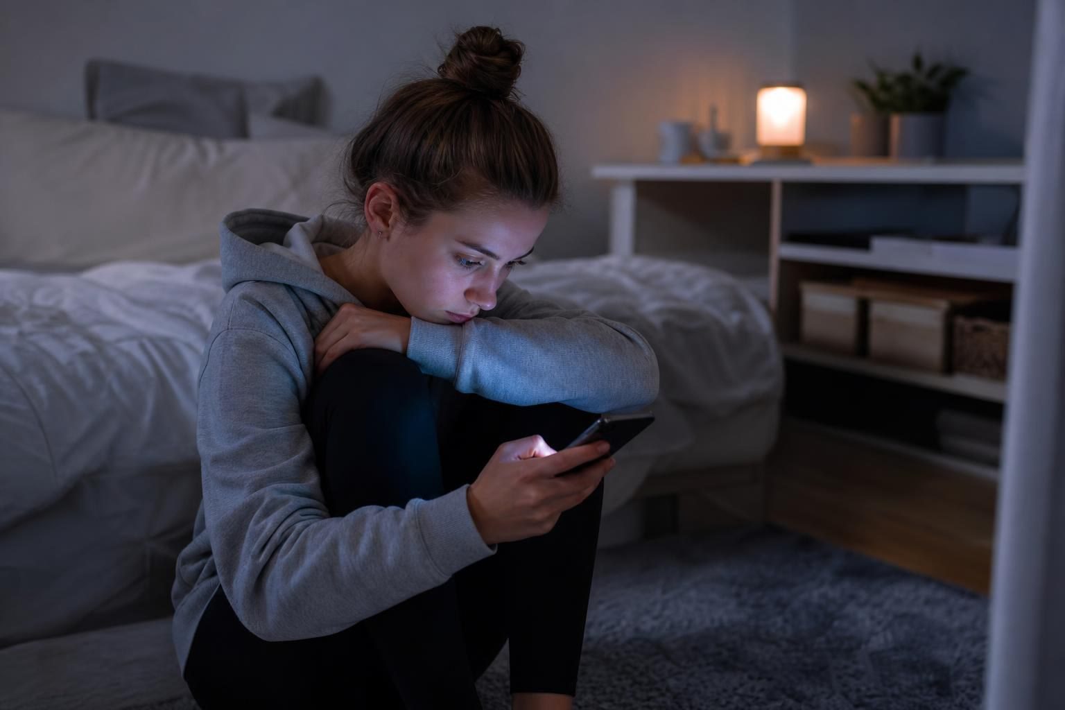 Junge Frau mit Dutt sitzt auf dem Boden und schaut auf ein leuchtendes Smartphone.