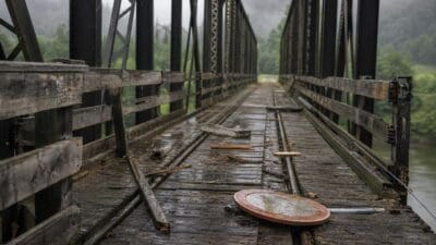 Verfallene Eisenbahnbrücke mit nassen Holzbohlen, Metallträgern und liegendem Verkehrsschild