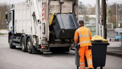 Müllwerker in orangefarbener Schutzkleidung schiebt eine große Tonne zu einem Müllwagen