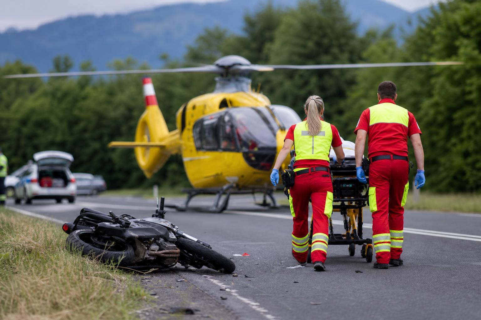 Rettungskräfte schieben eine Trage mit Verletzter zu einem gelben Hubschrauber, Motorrad liegt am Straßenrand