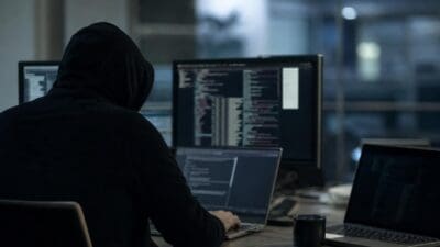 Eine vermummte Person in einem Kapuzenpullover arbeitet an mehreren Laptops und Monitoren mit Code.