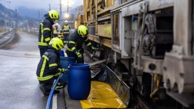 Feuerwehrleute mit gelben Helmen pumpen Diesel aus einem Bauzug in blaue Fässer am Gleis