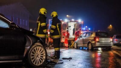 Zwei Feuerwehrleute stehen neben einem demolierten schwarzen Pkw bei Nacht