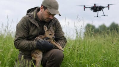 Ein Mann kniet im hohen Gras und hält ein Rehkitz im Arm, während eine Drohne am Himmel fliegt