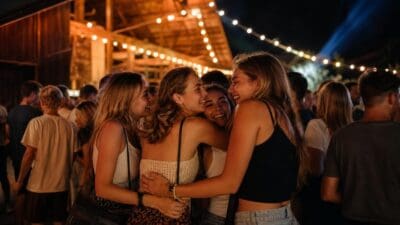 Lachende junge Frauen umarmen sich bei einer nächtlichen Party mit Lichterketten