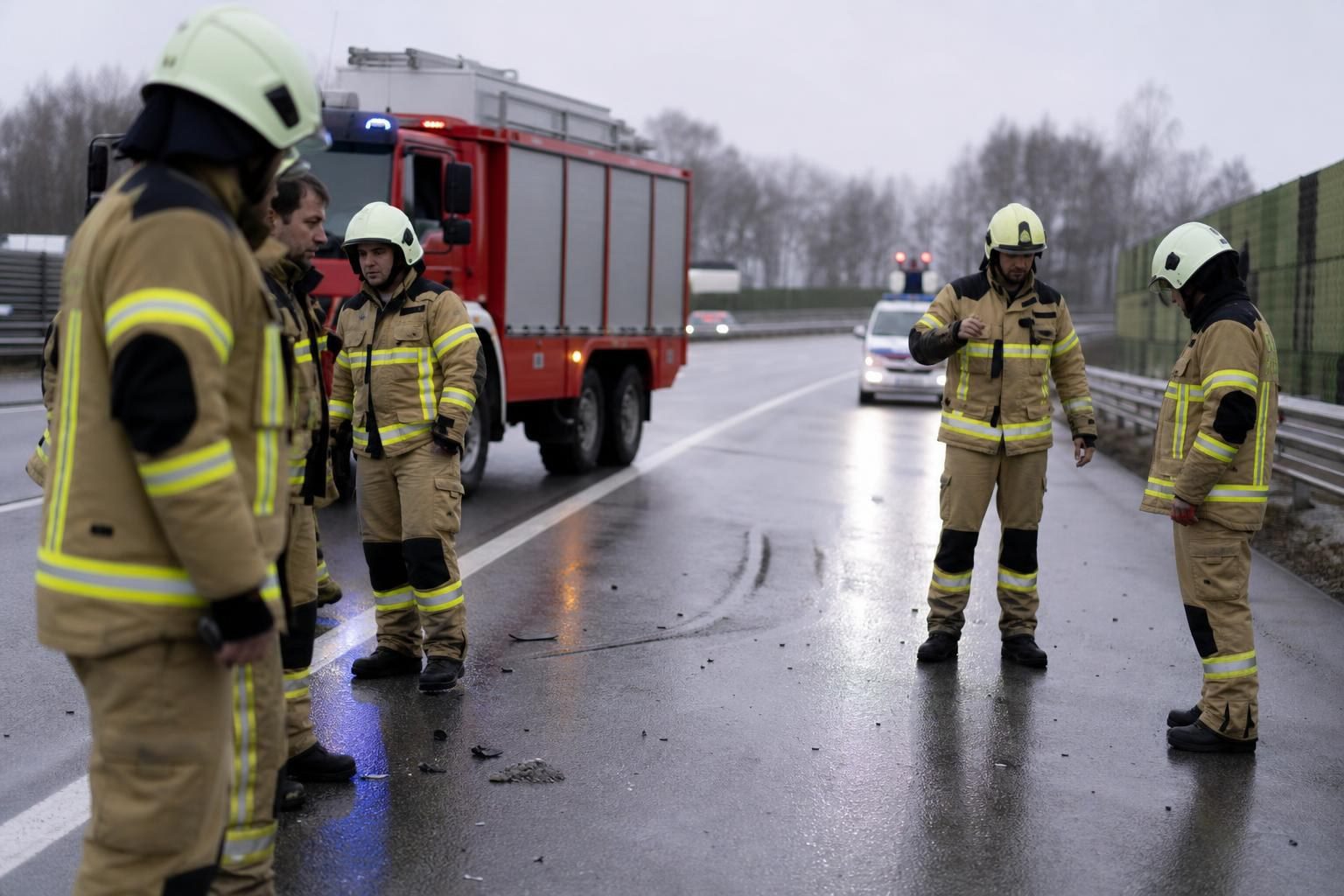 Feuerwehrleute in Schutzkleidung stehen auf nasser Fahrbahn neben Bremsspuren